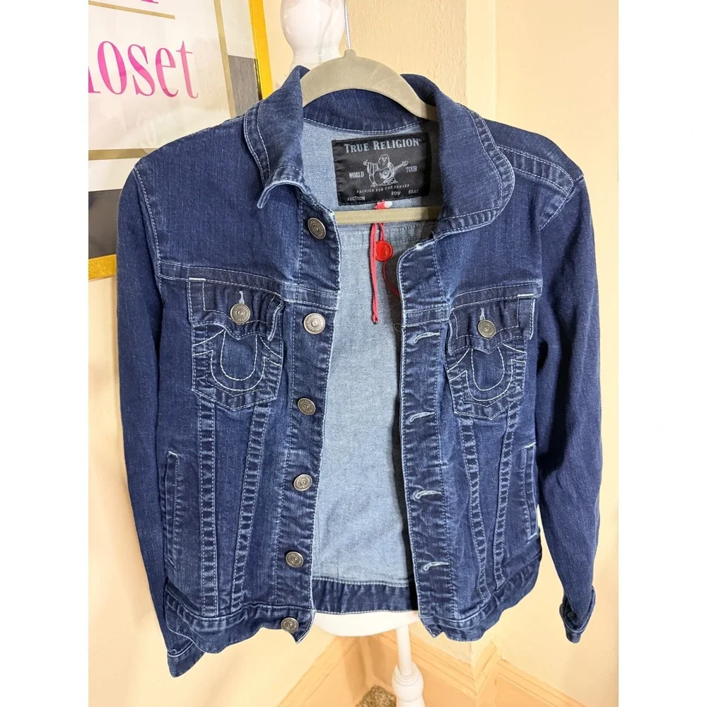 True Religion Denim Trucker Jacket Dark Wash Reflective Stripe Mens Small S